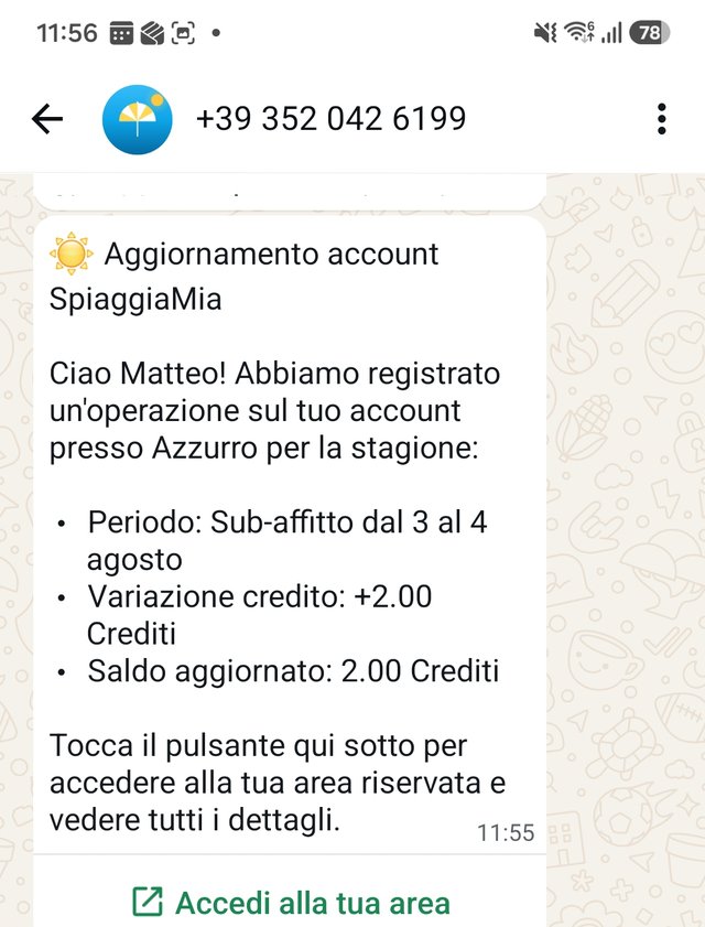Notifica WhatsApp con la conferma del credito accreditato